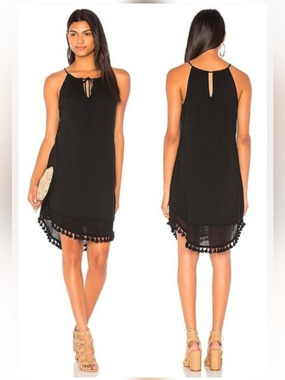 Michael Stars NWT Women's Cotton Tie Halter Dress Tassel Fringe Black Size S